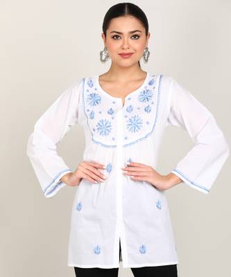 Vahson women chikan embroidery cotton cmabric straight short a-line white kurti 1