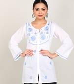 Vahson women chikan embroidery cotton cmabric straight short a-line white kurti