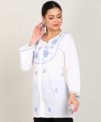Vahson women chikan embroidery cotton cmabric straight short a-line white kurti 2