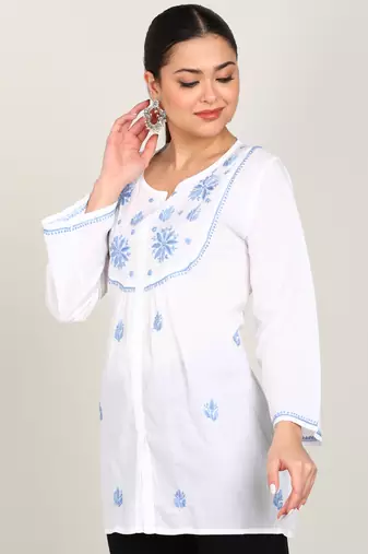 Vahson women chikan embroidery cotton cmabric straight short a-line white kurti