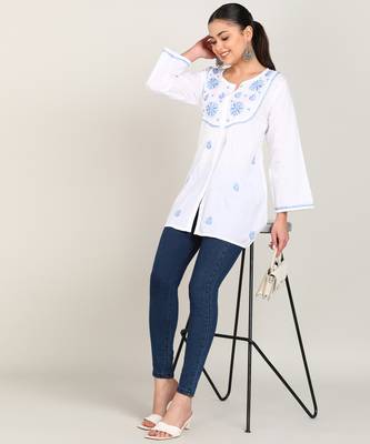 Vahson women chikan embroidery cotton cmabric straight short a-line white kurti 3