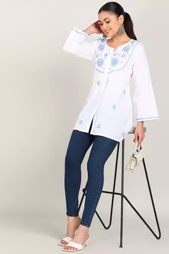 Vahson women chikan embroidery cotton cmabric straight short a-line white kurti
