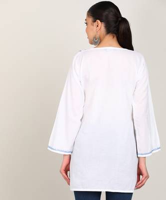 Vahson women chikan embroidery cotton cmabric straight short a-line white kurti 4