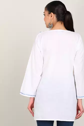 Vahson women chikan embroidery cotton cmabric straight short a-line white kurti