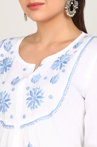 Vahson women chikan embroidery cotton cmabric straight short a-line white kurti