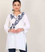 Vahson women chikan embroidery cotton cmabric straight short a-line white kurti