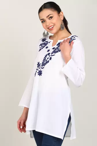  cotton cmabric straight short a-line white kurti