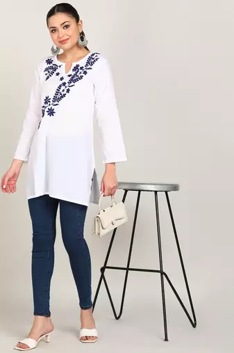  cotton cmabric straight short a-line white kurti