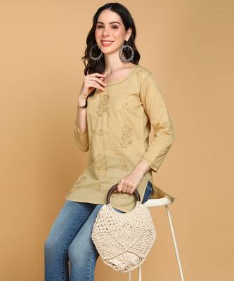 floral rose chikankari short cotton a-line kurti beige 1