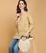 Vahson women floral rose chikankari short cotton a-line kurti beige