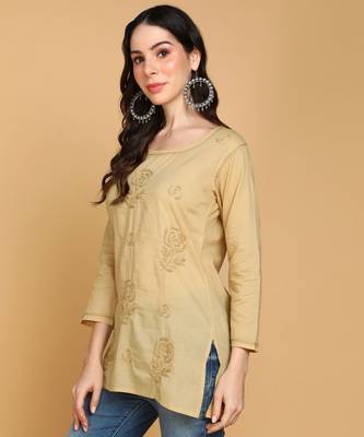  floral rose chikankari short cotton a-line kurti beige 2