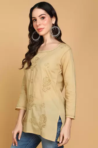  floral rose chikankari short cotton a-line kurti beige