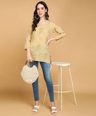  floral rose chikankari short cotton a-line kurti beige 3