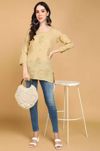  floral rose chikankari short cotton a-line kurti beige