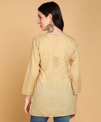  floral rose chikankari short cotton a-line kurti beige 4