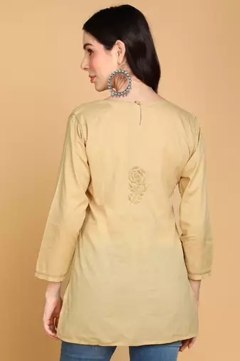  floral rose chikankari short cotton a-line kurti beige