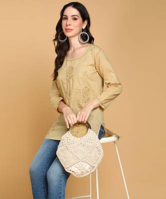  floral rose chikankari short cotton a-line kurti beige 5