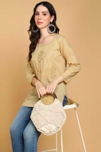  floral rose chikankari short cotton a-line kurti beige