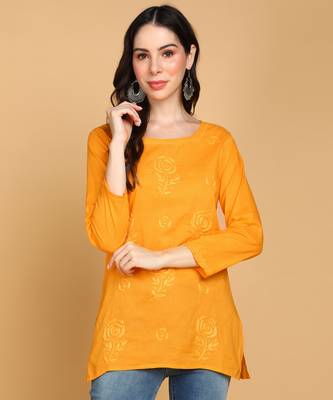 Vahson women floral rose chikankari short cotton a-line kurti mustard 1