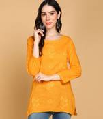 Vahson women floral rose chikankari short cotton a-line kurti mustard