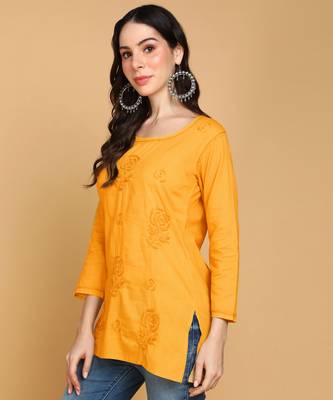 Vahson women floral rose chikankari short cotton a-line kurti mustard 2