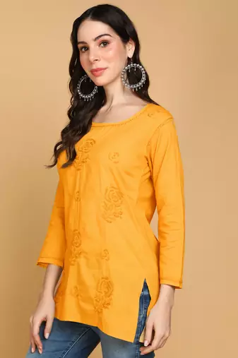 Vahson women floral rose chikankari short cotton a-line kurti mustard