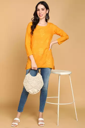 Vahson women floral rose chikankari short cotton a-line kurti mustard