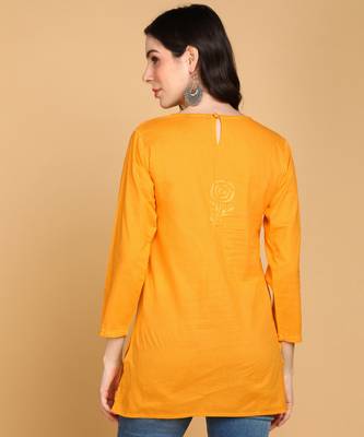 Vahson women floral rose chikankari short cotton a-line kurti mustard 4