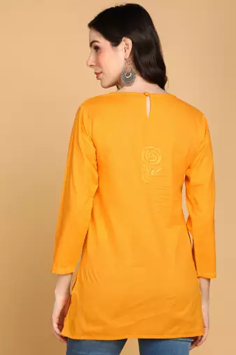 Vahson women floral rose chikankari short cotton a-line kurti mustard