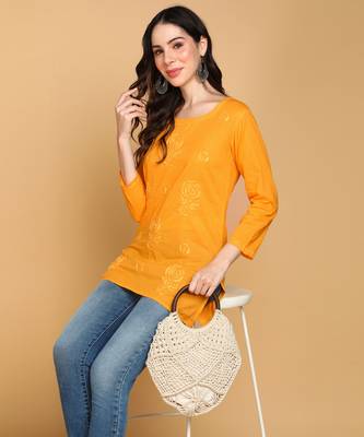 Vahson women floral rose chikankari short cotton a-line kurti mustard 5