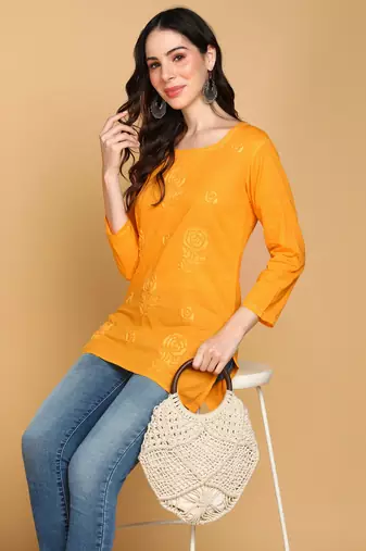 Vahson women floral rose chikankari short cotton a-line kurti mustard