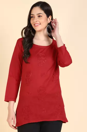 Vahson women floral rose chikankari short cotton a-line red kurti