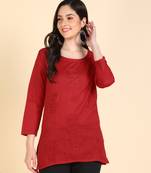 Vahson women floral rose chikankari short cotton a-line red kurti