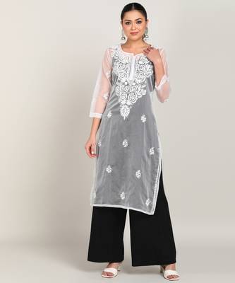  hand embroidered white organza lucknowi chikankari a-line kurta without slip 1