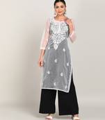 Vahson women hand embroidered white organza lucknowi chikankari a-line kurta without slip