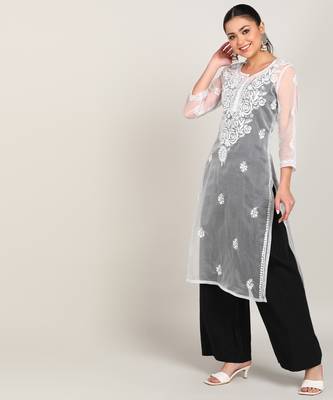  hand embroidered white organza lucknowi chikankari a-line kurta without slip 2