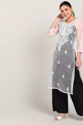  hand embroidered white organza lucknowi chikankari a-line kurta without slip