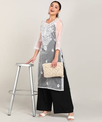  hand embroidered white organza lucknowi chikankari a-line kurta without slip 3