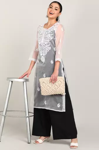  hand embroidered white organza lucknowi chikankari a-line kurta without slip