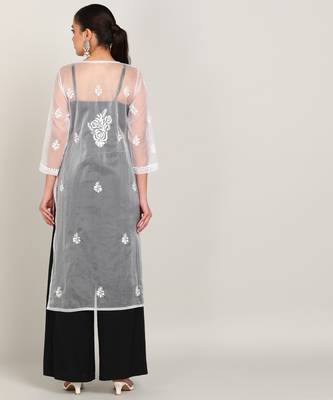  hand embroidered white organza lucknowi chikankari a-line kurta without slip 4