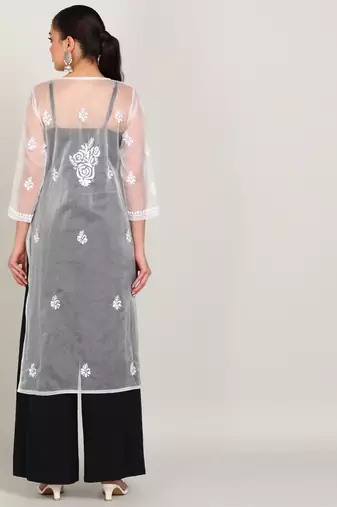  hand embroidered white organza lucknowi chikankari a-line kurta without slip