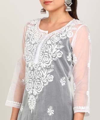  hand embroidered white organza lucknowi chikankari a-line kurta without slip 5