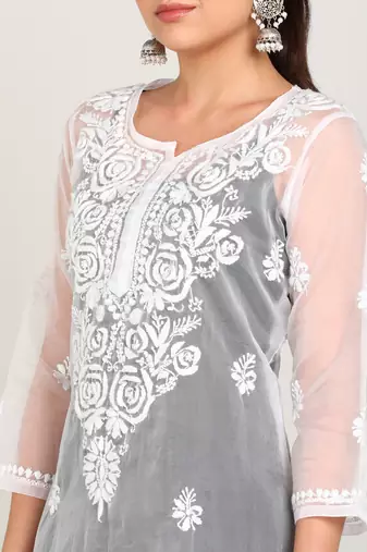  hand embroidered white organza lucknowi chikankari a-line kurta without slip