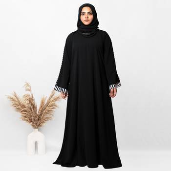 A-line Simple Black Abaya With White Cuff Patti With Hijab (001) 1