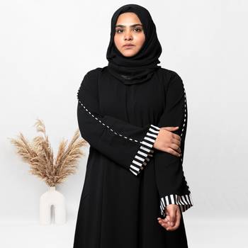A-line Simple Black Abaya With White Cuff Patti With Hijab (001) 2