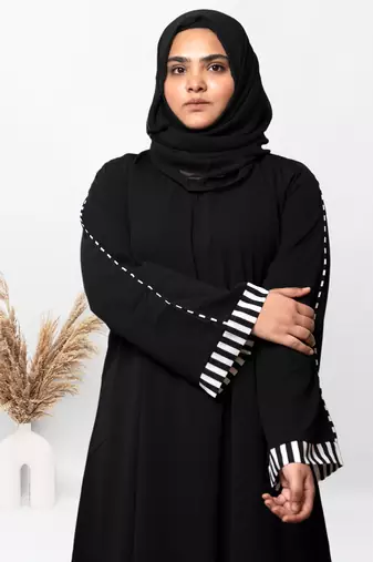 A-line Simple Black Abaya With White Cuff Patti With Hijab (001)