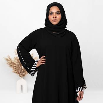 A-line Simple Black Abaya With White Cuff Patti With Hijab (001) 3