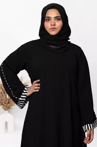 A-line Simple Black Abaya With White Cuff Patti With Hijab (001)