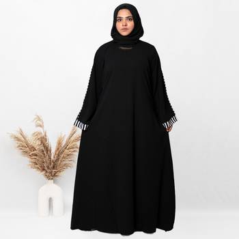 A-line Simple Black Abaya With White Cuff Patti With Hijab (001) 4