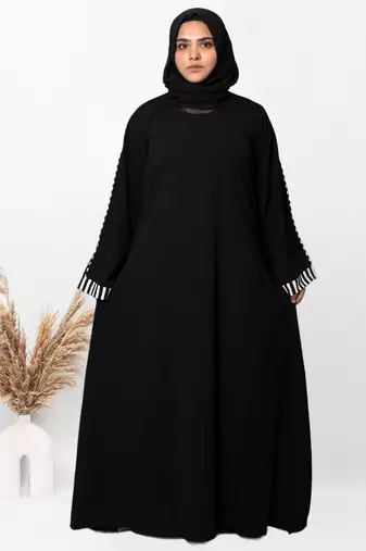 A-line Simple Black Abaya With White Cuff Patti With Hijab (001)